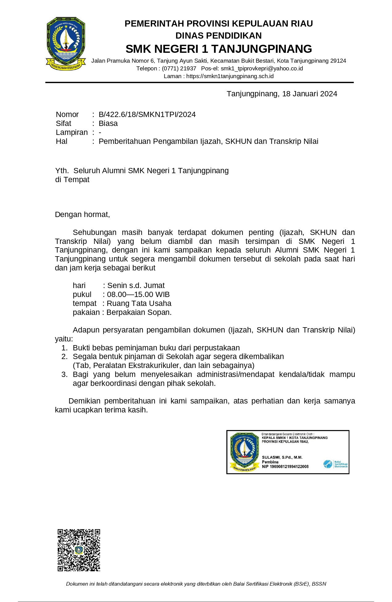 SURAT PEMBERIATHUAN PENGAMBILAN IJAZA, SKHUN, DAN TRANSKRIP NILAI
